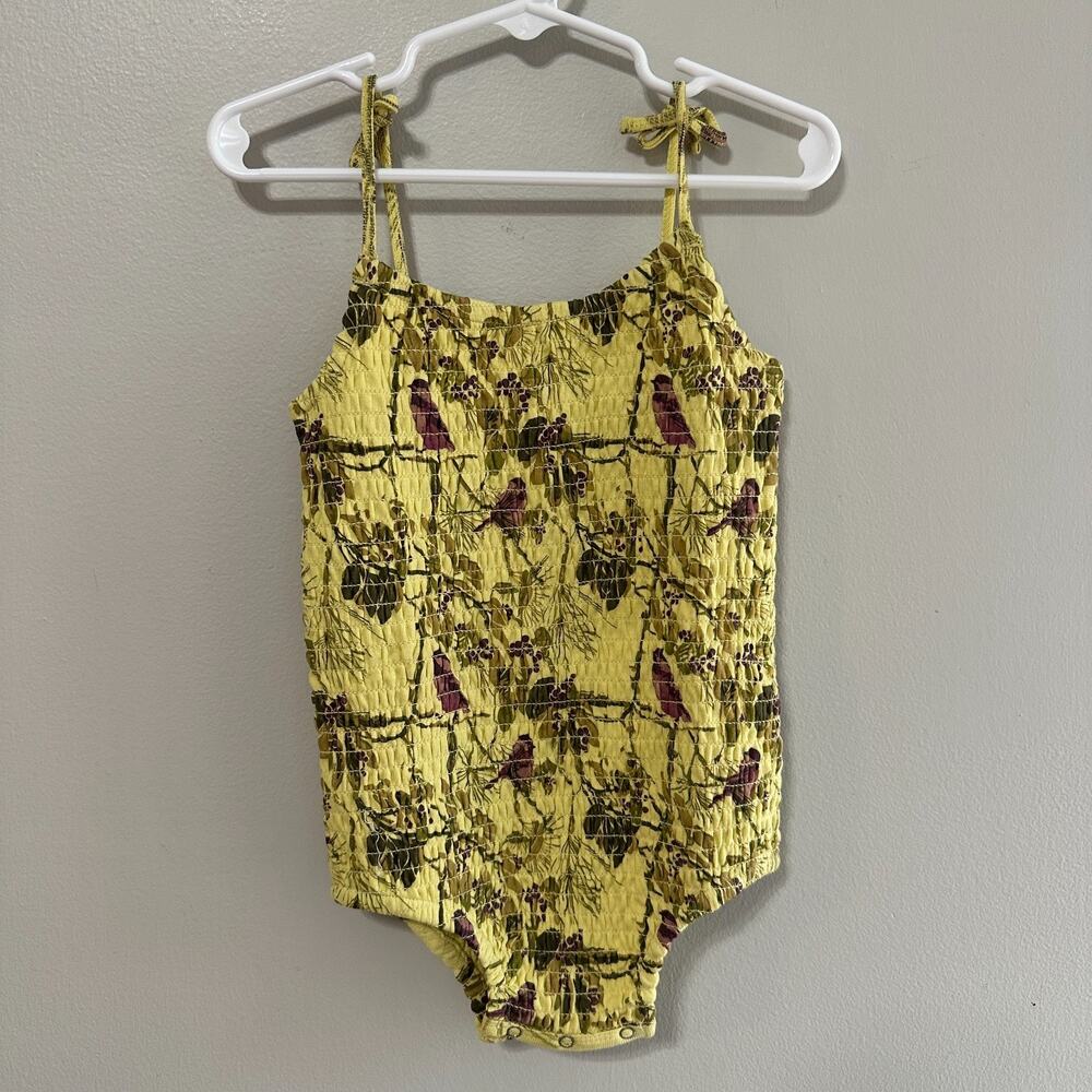 Kate Quinn Girls 18-24 Months Smocked Tie Strap Bodysuit Yellow Birds Sunsuit